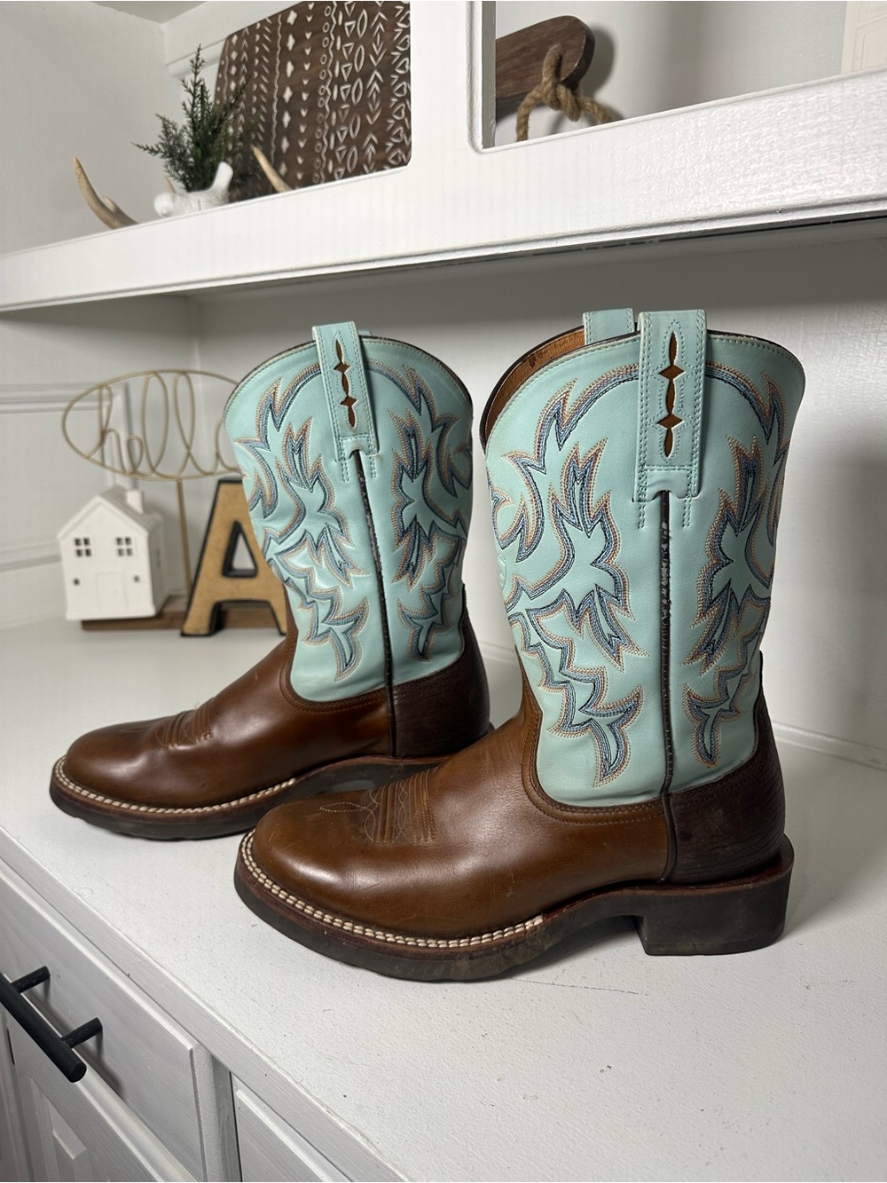 Ariat Men’s 10.5D Brown Mint Leather Cowboy Boots Western Ranch Rodeo Turquoise